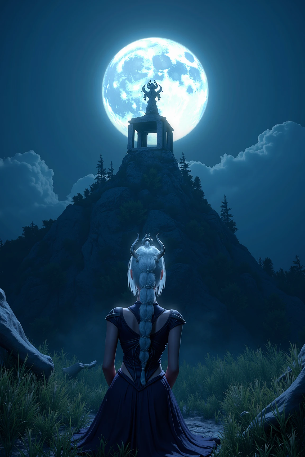 a picture in the style of an anime taken from behind and focusing on shadowheart with bright white hair. she is on her knees in praying to a crumbling shrine of a goddess ontop of a hill with the full moon's light giving the picture a mystical feeling. 