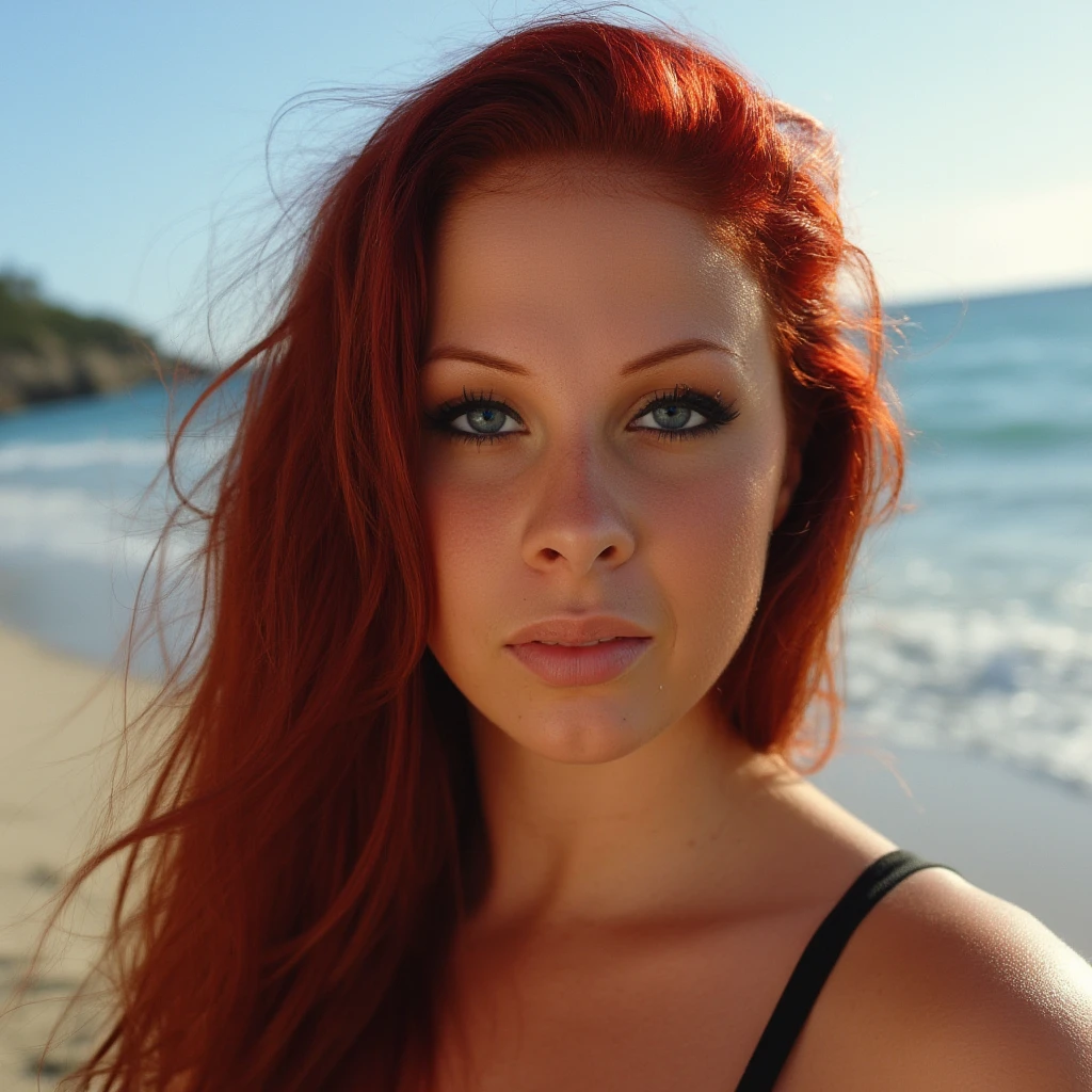 Gianna Michaels is depicted in a close-up portrait with the ocean breeze gently flowing through her long red hair. Her expression is calm and reflective, with her bold black eyeshadow subtly enhancing her gaze. The background features a softly blurred coastline, with hints of blue waves and sky blending into the scene. The soft, natural lighting emphasizes the warmth in her skin tone and the texture of her hair, creating an image that feels both refreshing and tranquil