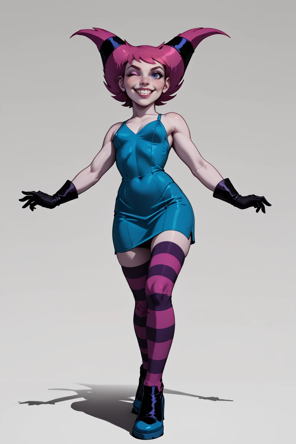 <lora:Jinx_PDXL_spamb0t:0.8>,DC_Comics_Jinx BREAK grey skin, small breasts BREAK magenta hair BREAK mini dress BREAK purple striped leggings 
BREAK flirty,playful,sultry,seductive,sexually suggestive,slying on side, one leg straight, other leg bent BREAK seen from below, medium full shot BREAK sly smile with one eye closed in a wink BREAK high quality,film grain,cinematic lighting,volumetric lighting,modeling shoot BREAK hyper detail,insanely detailed,best quality,masterpiece,photorealistic