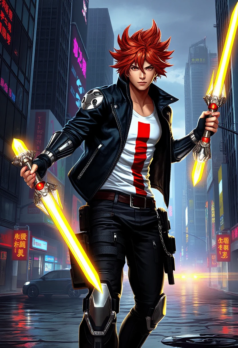 sehele style, wielding a pair of energy blades, man with irokez hair, red hair that's styled to stick out in every direction, cybernetic implants on hisarms and torso that glow with a soft yellow light. he wears a black leather jacket with metallic silver accents, paired with a white tank top underneath with a bold red stripe running down the middle. his pants are dark gray tactical gear, complete with pockets and pouches for all sorts of gadgets. A dystopian cityscape with towering skyscrapers and neon lights that reflect off the wet streets.