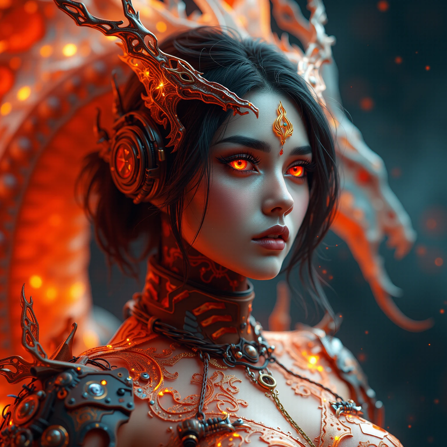 extremely detailed 3d render portraits of a cyber-dragon themed flaming gothic arcane tech woman, cables, arcane tech-dragon inspired design, exposed machinery. the casing is glittery transparent tinted orange, red and black, allowing to see the internals. sophisticated fantasy design. abstract thematic background. extreme depth of field. dragon behind