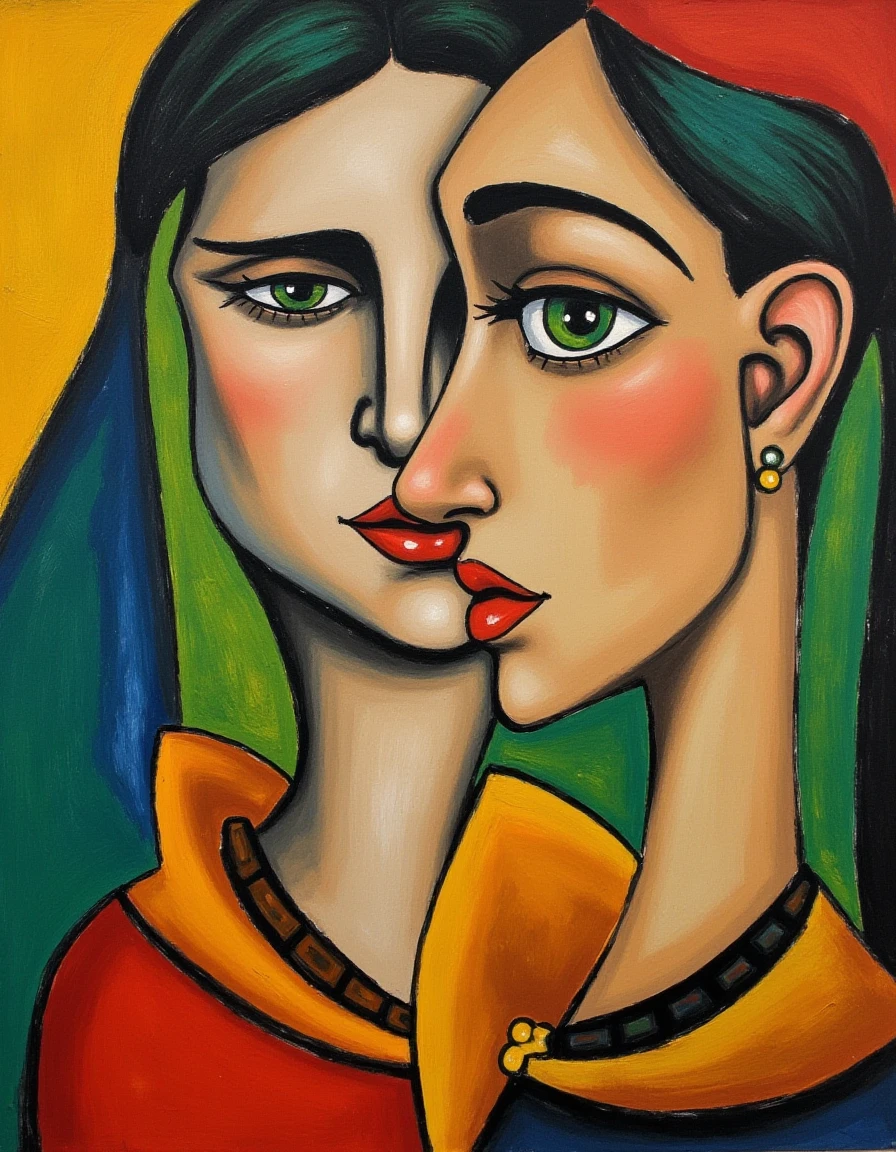 Picasso cubist painting depicting a woman with green eyes looking at herself in the mirror. <lora:Natalie_Portman_2004_FLUX_epoch_16:1>