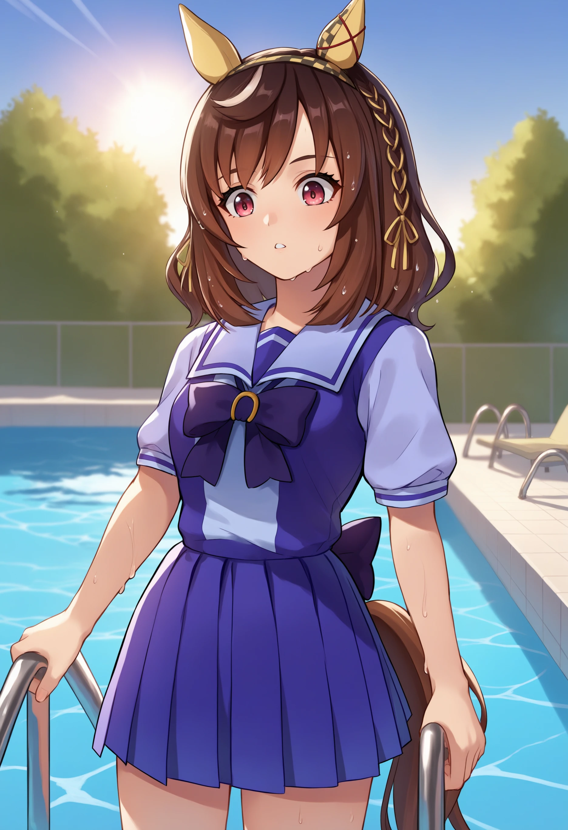 score_9, score_7_up, source_anime, uncensored, 1girl
 <lora:spumaBuenaVistaXLPony:1> buenavistars, horse ears, horse tail, hair ornament, tracen school uniform, purple bow, purple shirt, neutral, cowboy shot, day, fisheye, outdoors, pool ladder, poolside, sunlight, wet