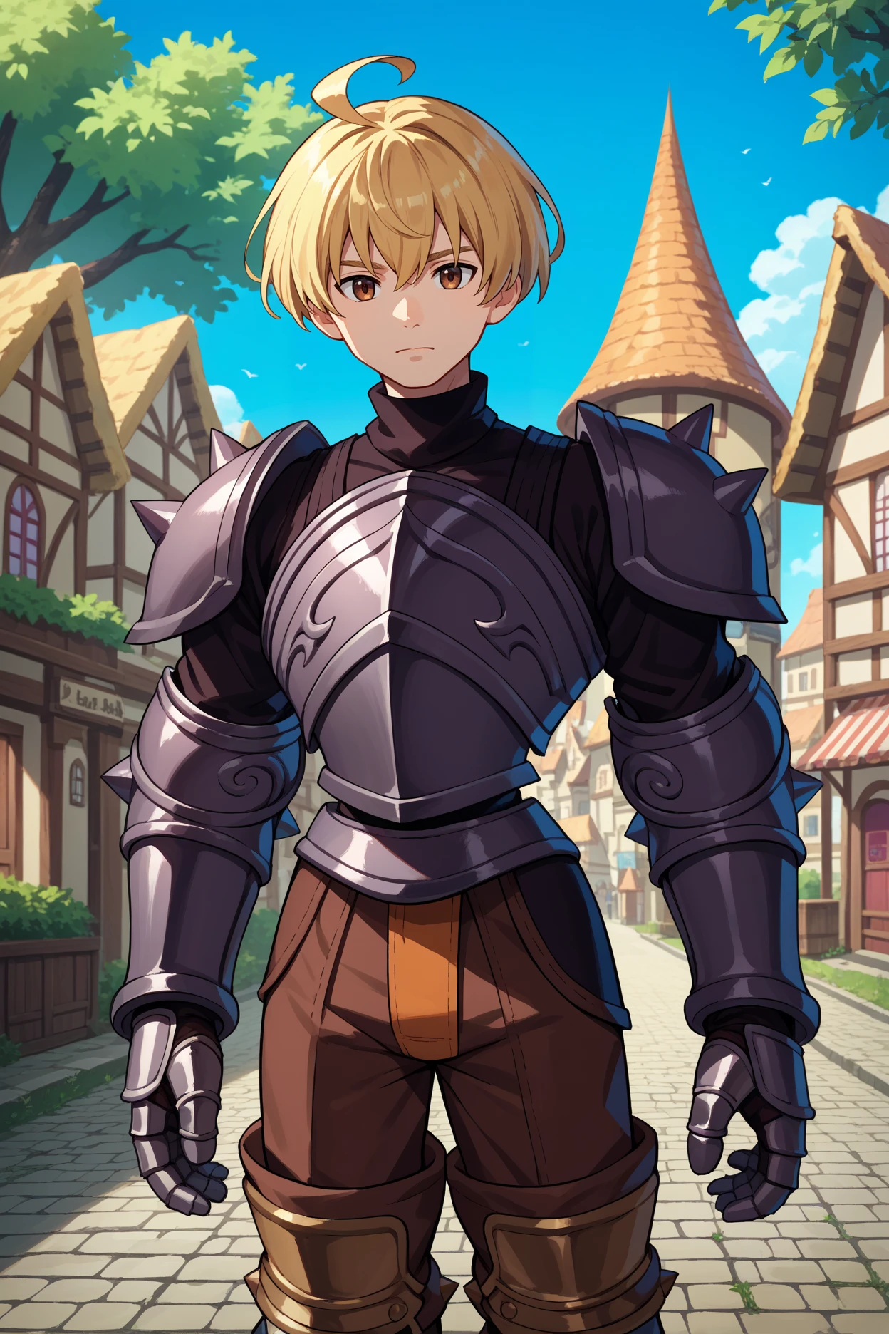 score_9, score_8_up, score_7_up, score_6_up, source_anime, 1boy, male focus <lora:fframza-pdxl-nvwls-v1-000005:1> ramza beoulve, blonde hair, ahoge, brown eyes, short hair, black armor, spiked pauldrons, brown pants, armored boots, gauntlets, looking at you, town, village, trees, looking at you, night