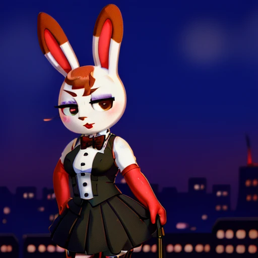 Tiffany \(animal crossing\), anthro rabbit, 1girl, tuxedo dress, skirt, bow tie, furry female, red lipstick, eyeshadow, vest, jitome, chibi, cute, elbow gloves, fishnets, city background, masterpiece, high quality, 4k, high resolution