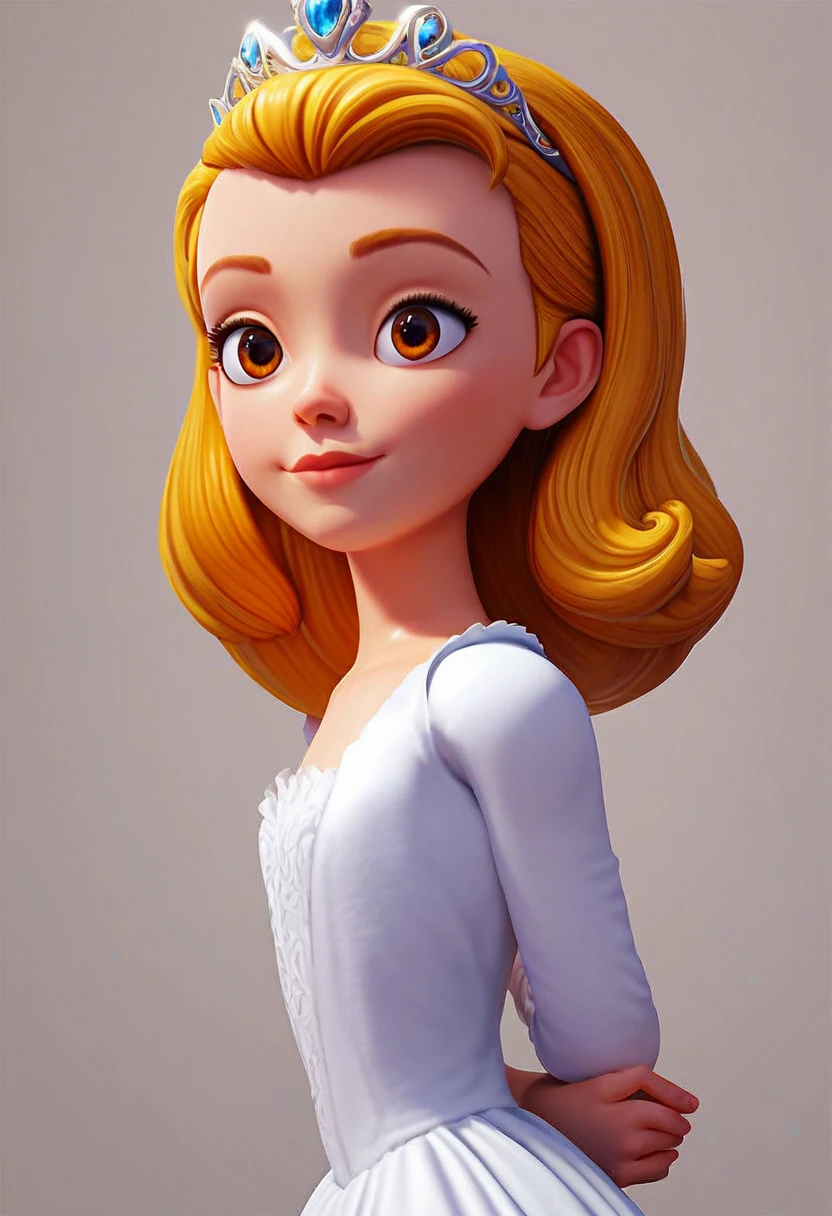 score_9, score_8_up, score_7_up, score_6_up, 1girl, solo, Princess_Amber, blond hair, brown eyes, tiara, dress, detailed eyes, perfect face, perfect eyes, beautiful eyes, petite body, standing, arms behind back, posing, light smile, simple background, dynamic angle,