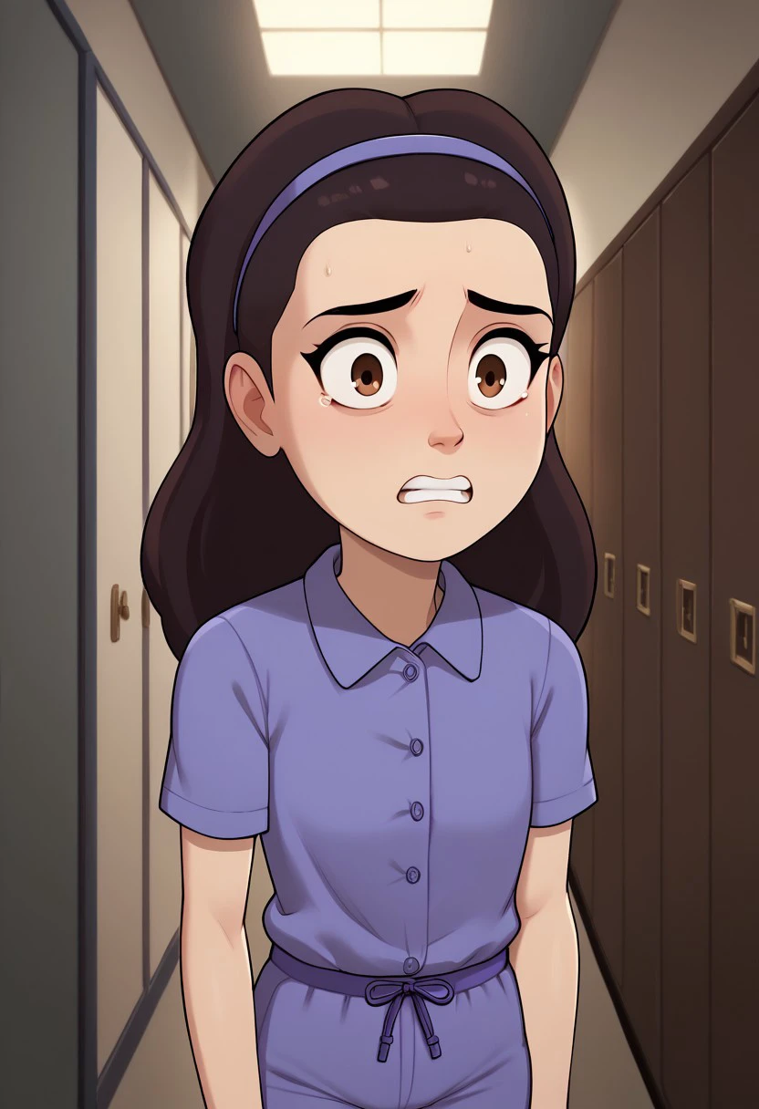 score_9, score_8_up, score_7_up, high quality, highres, MHPHEsther, 1girl, dark brown hair, long hair, brown eyes, purple headband, purple shirt, collared shirt, purple pants, short sleeves, pajamas, solo, indoors, hallway, young, Scared, dark room,