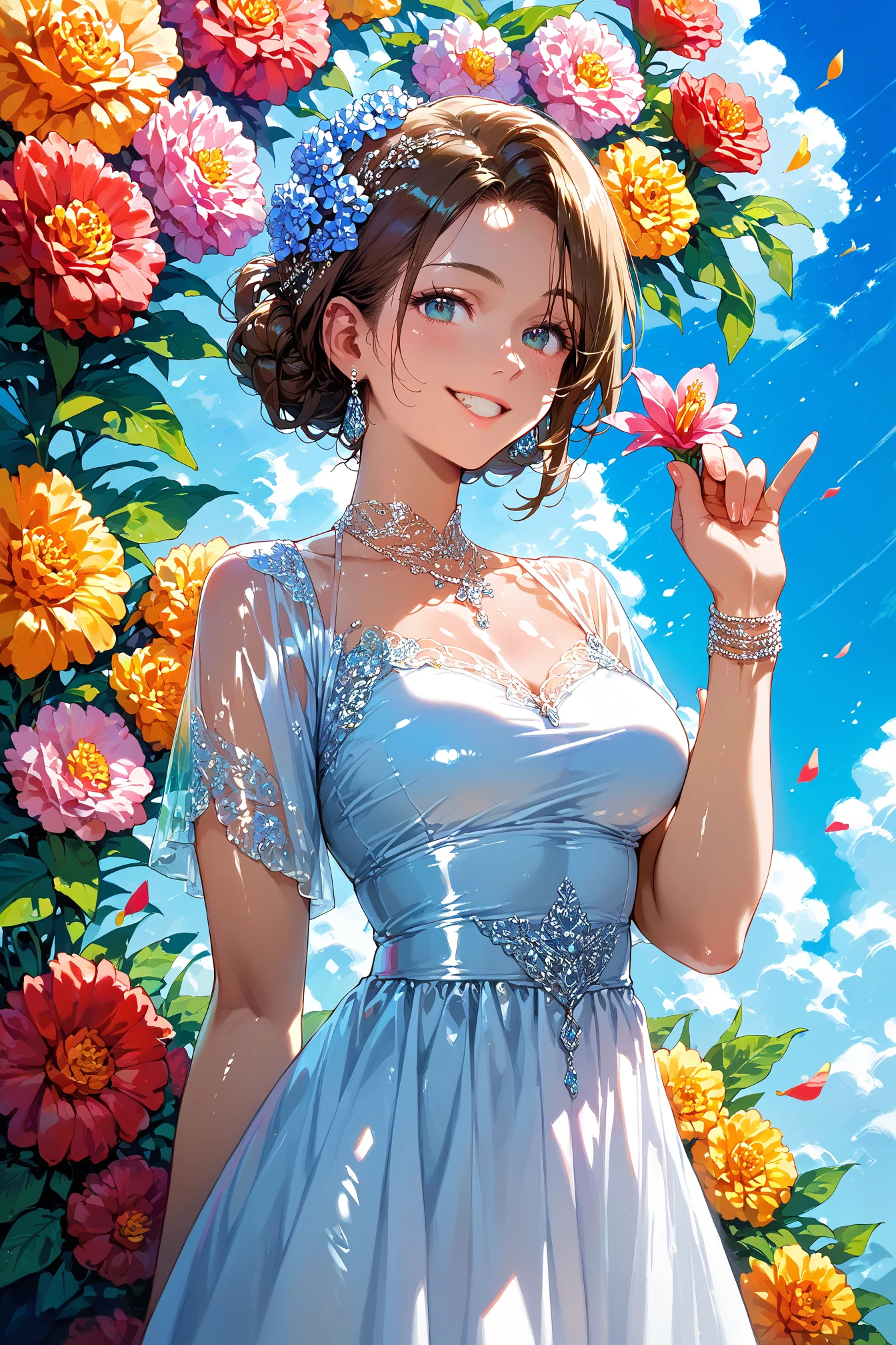 1girl,white_dress,smile,hand up,2023,
colorful_background,flower,sky,
(score_9,score_8_up,score_7_up), rating_explicit, best quality, masterpiece, 2k,
shiny skin reflection,<lora:DetailedEyes_V3:0.8>