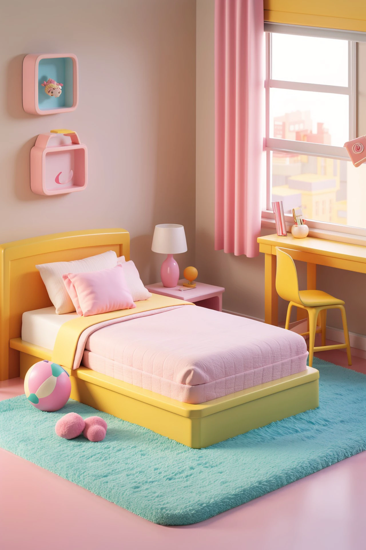 "3D style, Q version cute bed design with a rounded headboard and footboard, adorned with soft, pastel-colored bedding and pillows. The bed is placed in a simple, cozy bedroom setting with minimal decor, emphasizing comfort and cuteness."