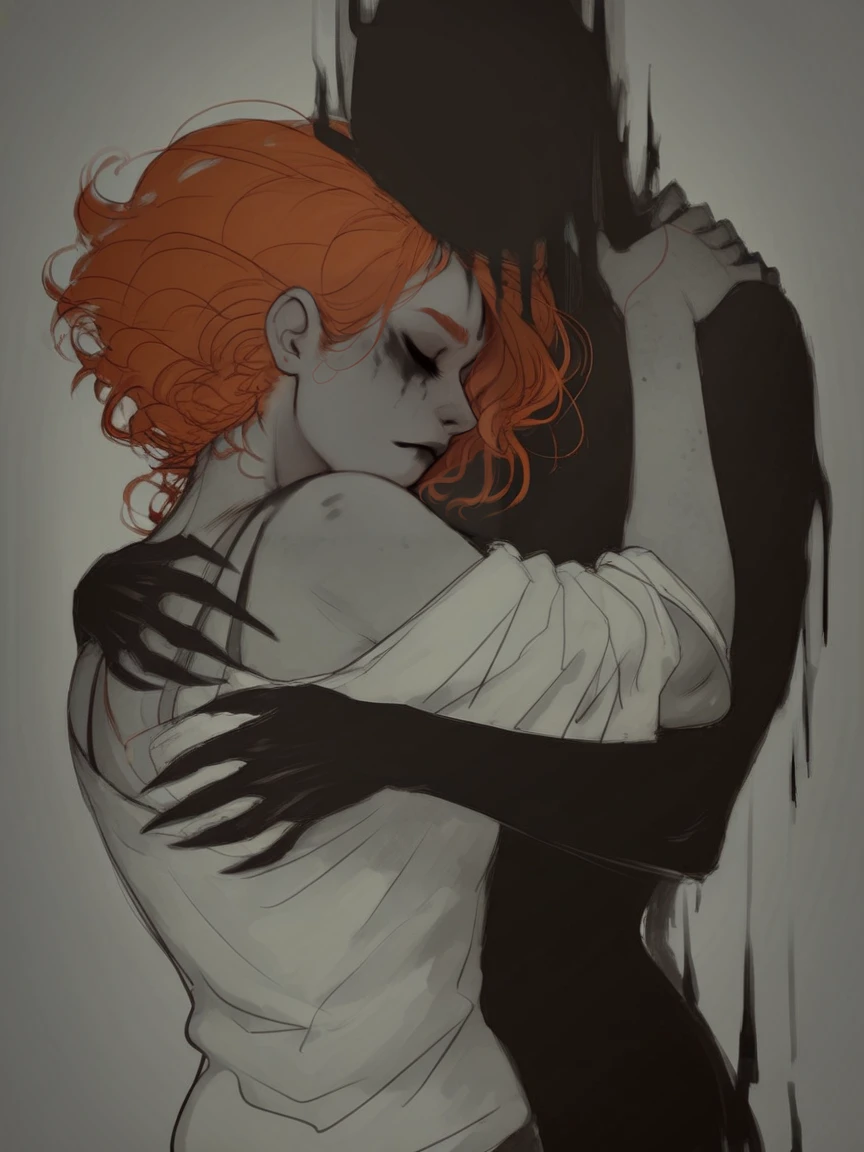 score_9, score_8_up, score_7_up, score_6_up, score_5_up, <lora:th3d4rkXLP:1> th3d4rk, darkness, shadow, 1girl, ginger hair, monochrome, hug