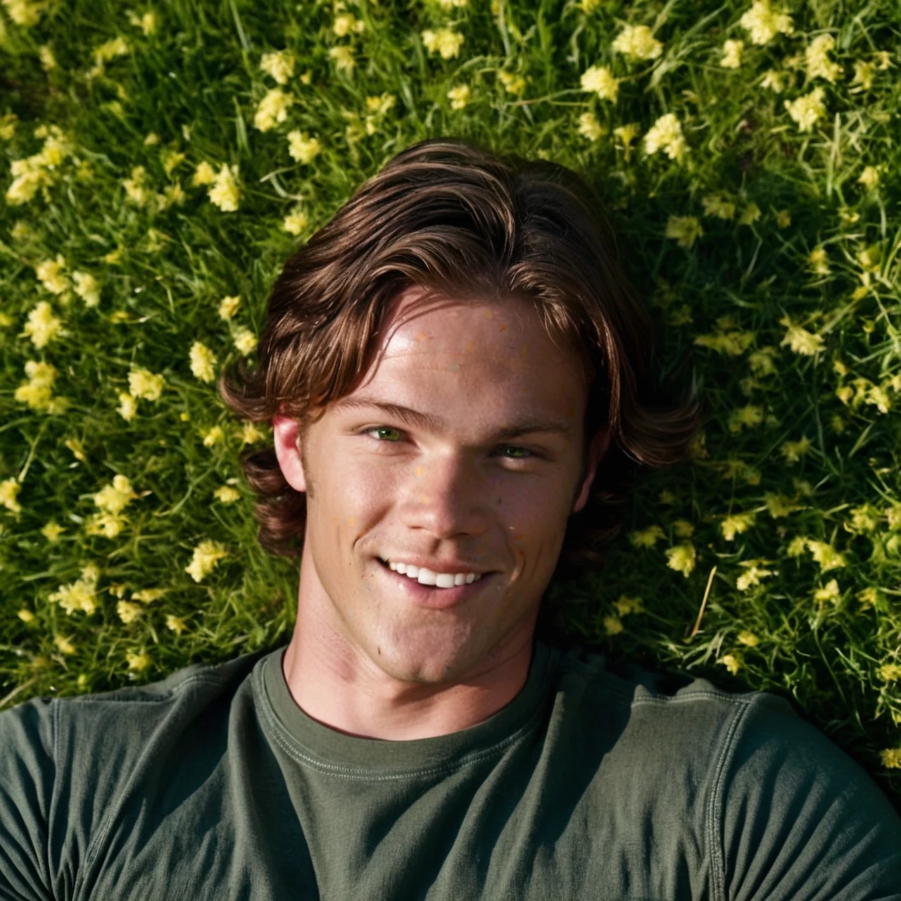 intricate details, ultra sharp, realism, realistic photography, (padalecki, 21 yo caucasian male model, athletic, green eyes, casual clothes), smile, teeth, resting head on arm. Looking at viewer. Lying on stomach on grass, in a meadow, maple trees in the background. The sun shines on his face. Close-up portrait.