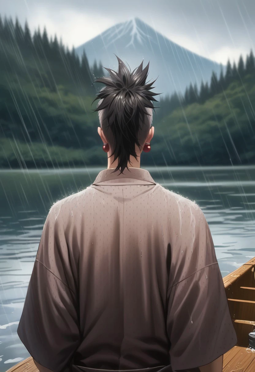 score_9, score_8_up, score_7_up, source_anime, rating_safe, raining, water, SaitoSNS, red Saito earrings, black-grey Saito hair, 1boy, male focus, yukata, fishing, sitting, outdoor blurry lake, boat, wide waterscape, distant mountains, atmospheric perspective, from behind, realistic shading,