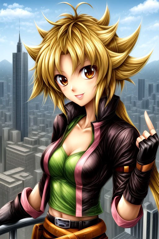 masterpiece_portrait, high quality, canvas, beyblade shogun steel, ren kurenai, 1girl, solo, blonde hair, fingerless gloves, gloves, long hair, breasts, belt, :p, cleavage, brown eyes, medium breasts, black gloves,crop top,midriff, navel, blue sky, city