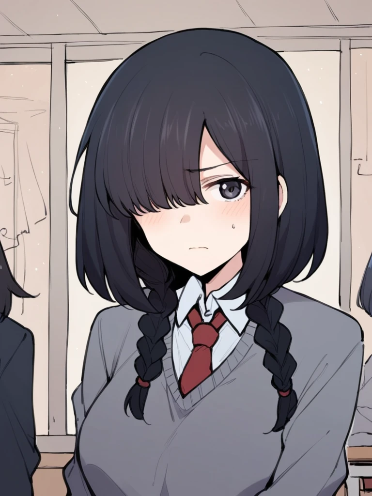 score_9, score_8_up, score_7_up, 
1girl, nakai yumeka, black hair, medium hair, hair over one eye, twin braids, black eyes,
medium breasts,
school uniform, grey sweater, red necktie, upper body, classroom, blush, looking at viewer, frown, 
