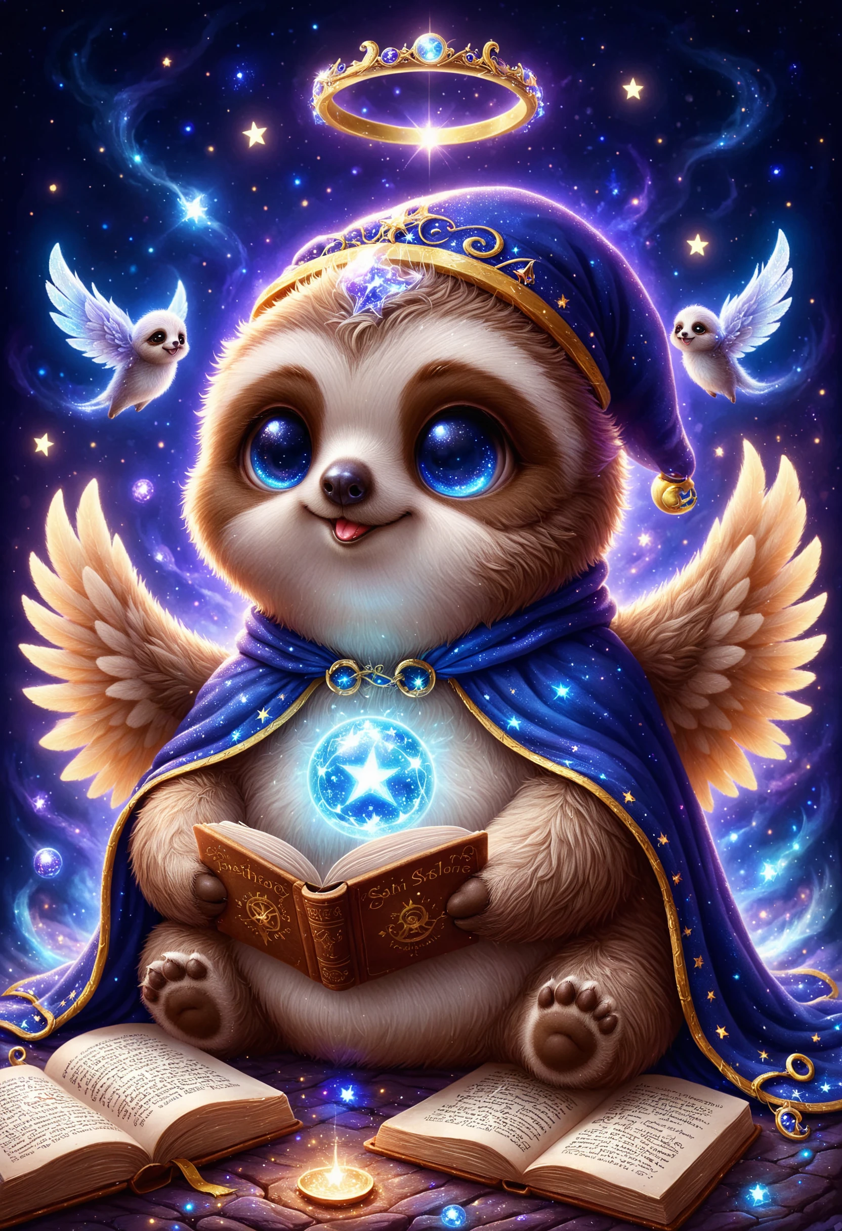 An adorable chubby sloth wearing a wizard hat and cloak, surrounded by magic symbols and mystical sparkles, practices spells from an ancient book; with its supernatural powers, this cosmic wizard sloth conjures a ball of energy and makes objects levitate with its mind, while its angel wings spread wide and a halo glows bright above its head, <lora:PinkieChbPtsSDXL:0.8>, p1nkch1b1p3ts, chibi animal,