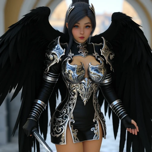 1fullbodyimage of a woman with hyper extreme detailed face features, Bayonetta hair style in a black and silver miniskirt with metal chest plate, crown and boots outfit with black feathered angel wings wielding a katana, beautiful dark angel girl, warrior angel, villainess has black angel wings, angel knight gothic girl, angel in glossy metallic black and silver armor, crown in armour, stuning fantasy 3 d render, angel knight girl, absurdres, high res, ultrasharp, 8K, masterpiece, Beautiful round breasts, Solo, delicate and sexy, shiny reflective black hair, Glossy albino skin: 0.8, (Masterpiece: 1.4), (Best quality: 1.4), Perfect abs, (Perspectiveal), Tight waist, Inner seam, hourglass body shape, navel, Blush, Voluptuous, huge breasts, tight top, cinematic volumetric lighting, hyper realistic, shot with Sony Fx6