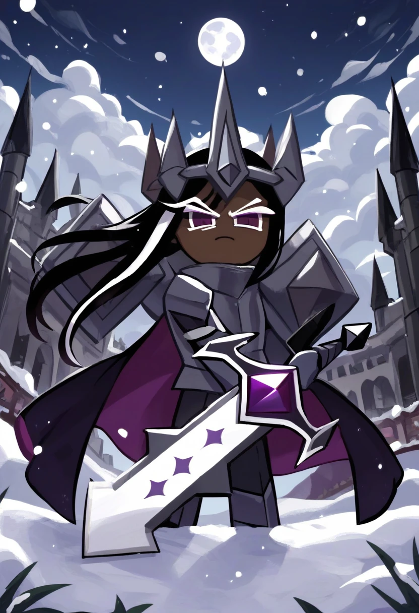 score_9, score_8_up, score_7_up, BREAK
(black castle:1.4), tower, flag, snow, snowing, clouds, dark, night, moon
DCC00K13, long hair, black hair, white streak, dark purple eyes, silver crown, silver armor, silver pauldrons, purple cape, sword, purple gem, dark skin, silver gauntlets
chibi, standing on tower, looking at viewer, holding sword, holding weapon, planted sword
<lora:Dark_Cacao_Cookie:1>