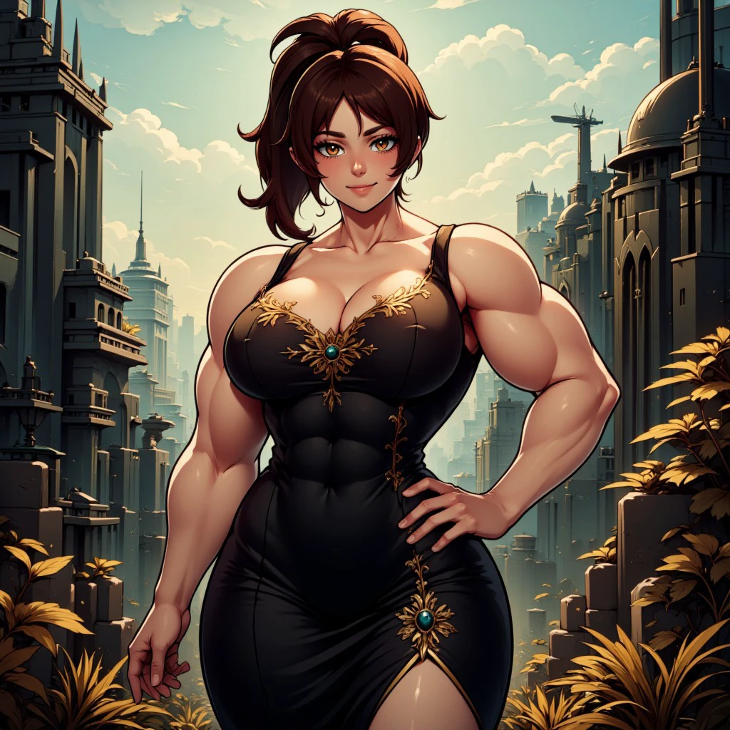 zzCitronCAT, A muscular female with brown eyes and a ponytail of brown hair confidently in a funeral dress, she looking at viewer with smile, in a dystopian landscape, brown updo