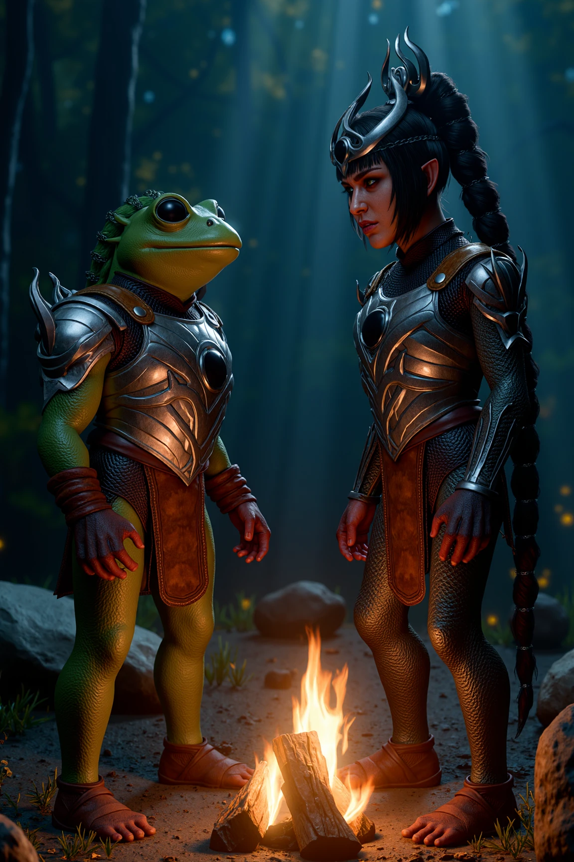 a picture of an  shadowheart having an angry arguement with a green frog humanoid in leather armor. Set next to a campfire in the middle of the night with bedrolls next to it