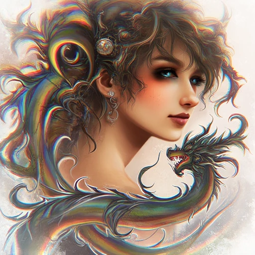 a digital work of art by AmeshinART of a woman with an abstract dragon twirling around her