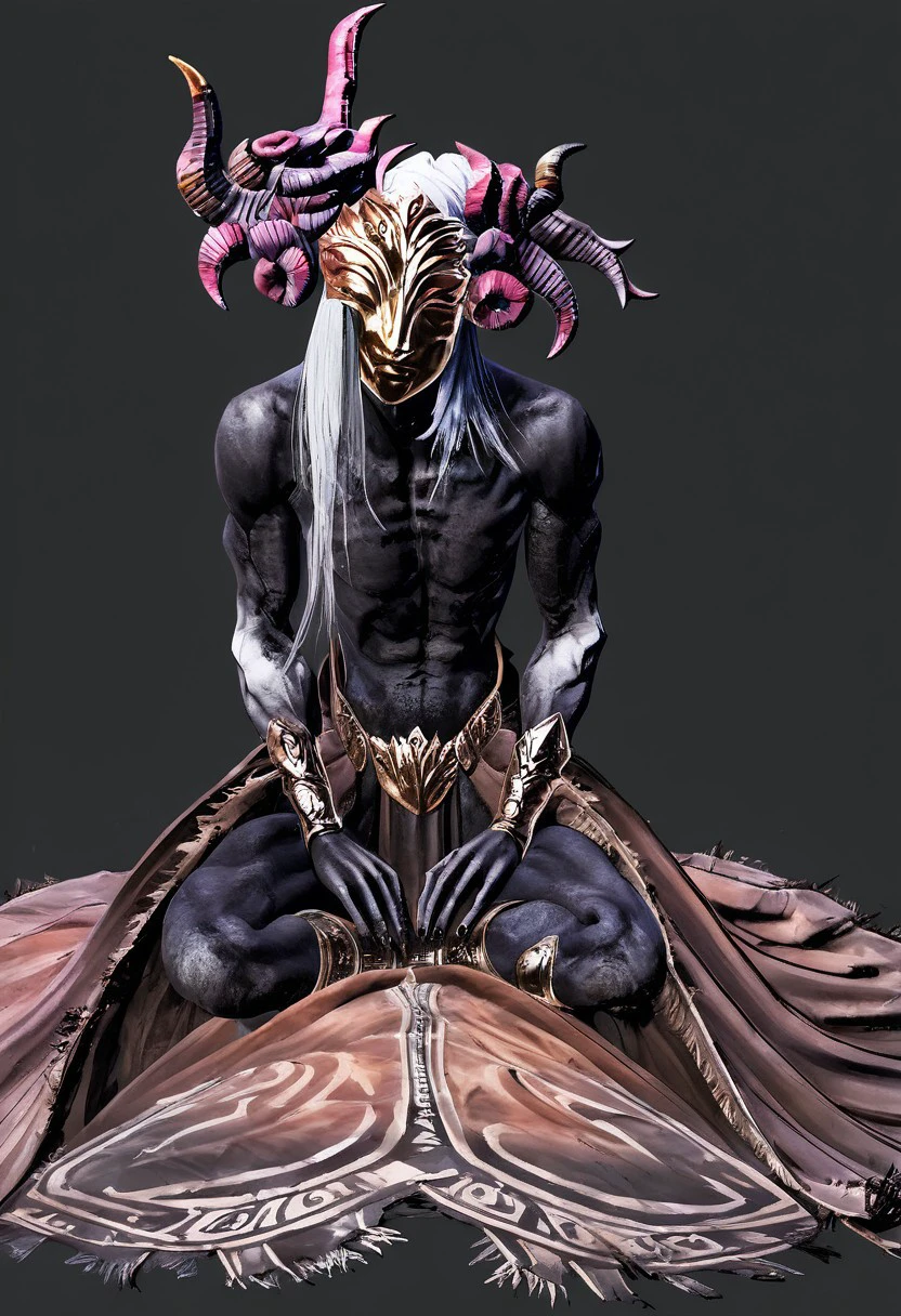 solo, score_8_up, score_7_up, score_6_up, absurdres, highres, high detail,
front view, male focus, sitting, lotus position, hands on ground, 1boy, horns, black nails, monster, faceless, humanoid, ankle guards, gauntlets, jewelry, anklet, long skirt, waist cape, loincloth, golden mask, one eyed mask, white hair,
shirtless, short tail, lips, nose, barefoot, ruanyi0046