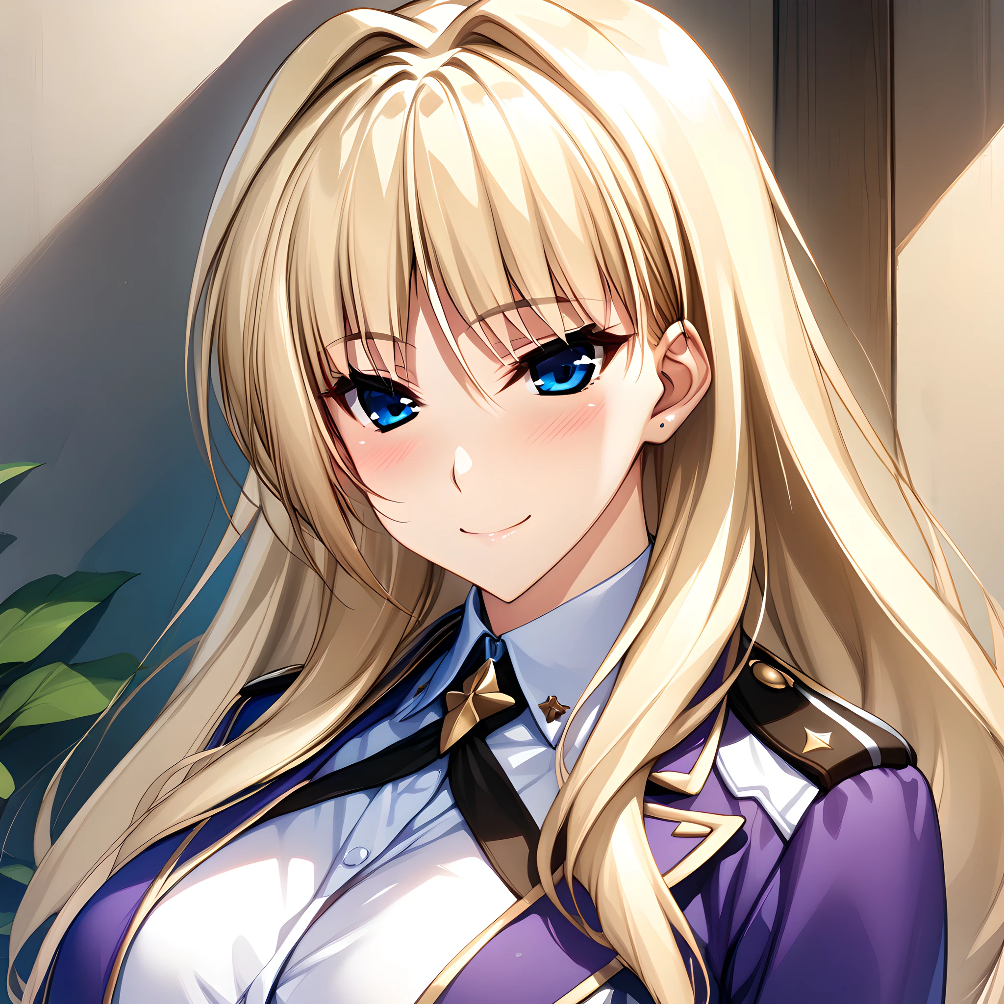 1girl, solo. silveria_leodiehl, blonde hair, blue eyes, large breasts, long hair, smile, portrait, close up, uniform, <lora:XL-SilveriaLeodiehl:1>, (masterpiece),(best quality),(ultra-detailed),(best illustration),(best shadow),(absurdres),(detailed background),(very aesthetic),