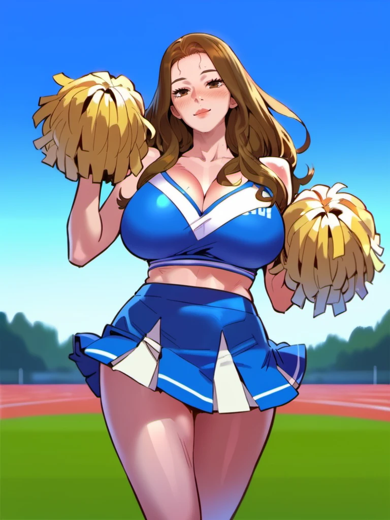 score_9, score_8_up, score_7_up, score_6_up, source_anime, rating_explicit, <lora:neg4all_bdsqlsz_V3.5:2.0>solo, huge breasts, Gayoung, 1girl, brown hair, brown eyes, long hair, cheerleader uniform, tight top, short skirt, mini skirt, peace sign, raised leg, bare shoulders, outdoo, field, sports field
<lora:LHOGayoung-120reps:1>