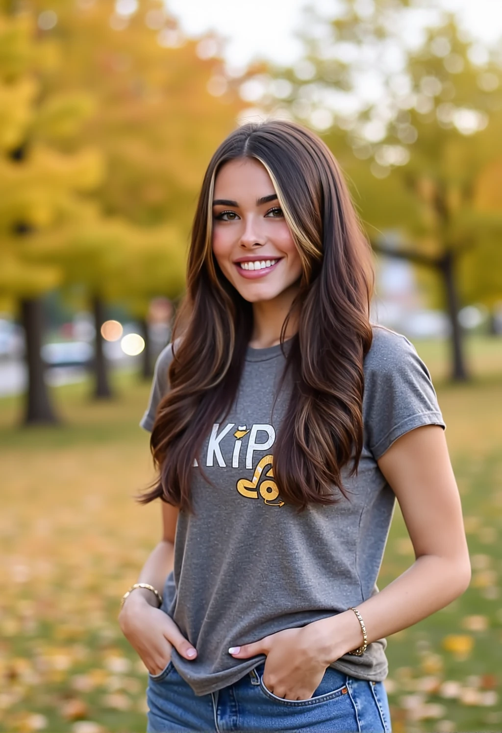 photo of brown hair Mad1B2024 outdoors on an autumn day, smiling, looking at viewer, wearing a t-shirt and jeans