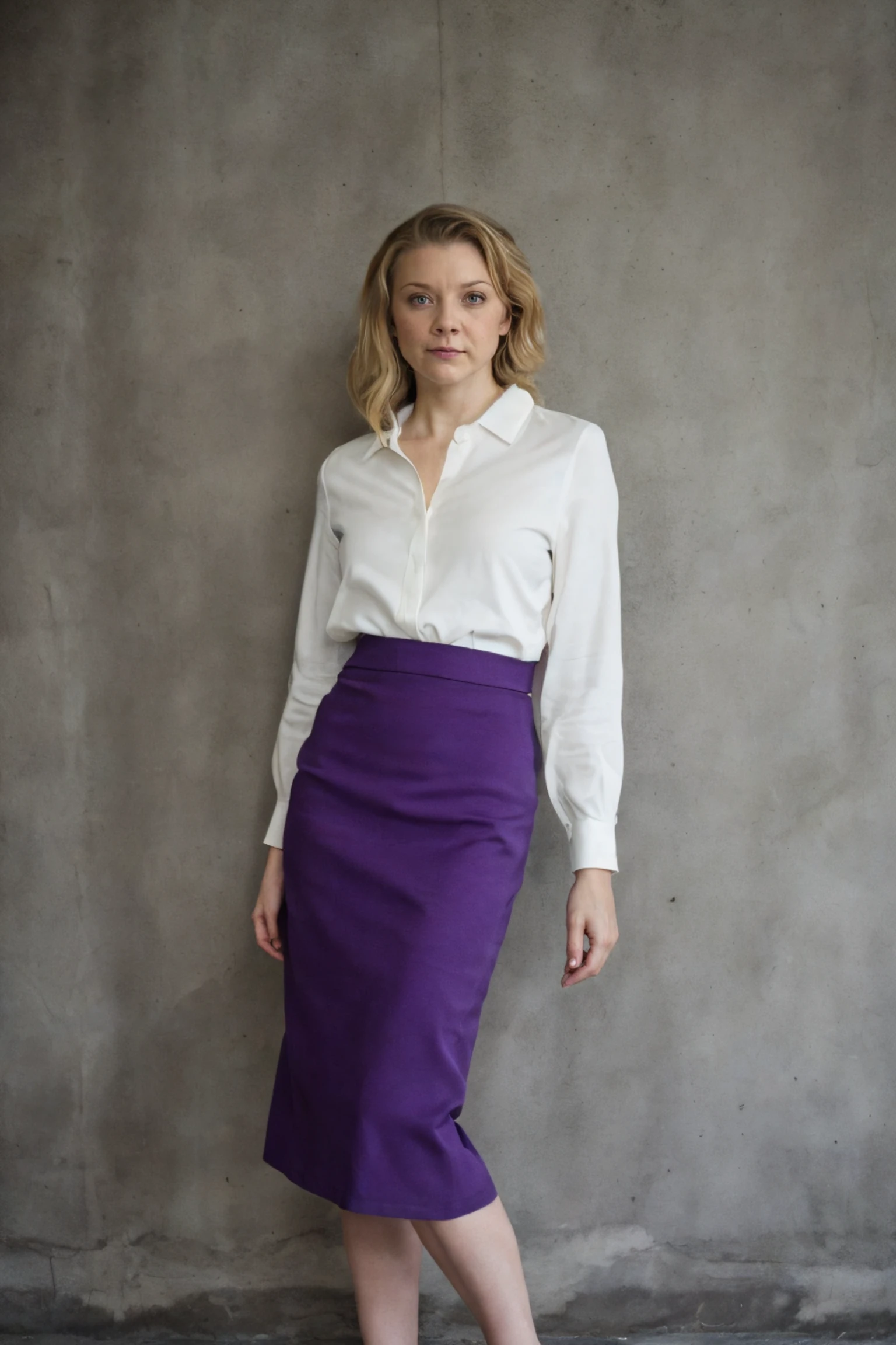 1girl, a woman in a white blouse and purple pencil skirt standing in an empty room, simple cement wall in the backdrop
 <lora:natalie_dormer_lora_v02:1> nat82, blonde hair, blue eyes