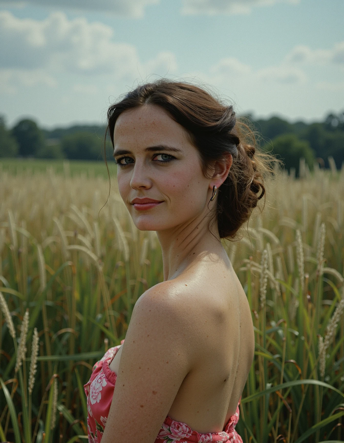 RAW candid cinema, eva_gren portrait in a field, 16mm, ((remarkable color)), (ultra realistic)  , <lora:eva_green_flux_lora_v1:1>