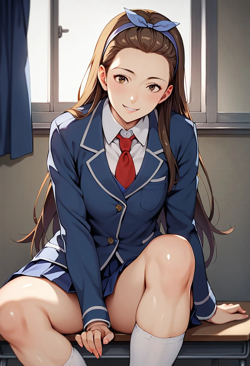 score_9, score_8_up, score_7_up, deep skin, shiny skin, source_anime, high quality, highres, KazukoMorinakaHB, 1girl, long hair, brown hair, brown eyes, hair slicked back, blue headband, hair ribbon, school uniform, blue jacket, red necktie, collared shirt, blue skirt, white socks, solo, smile