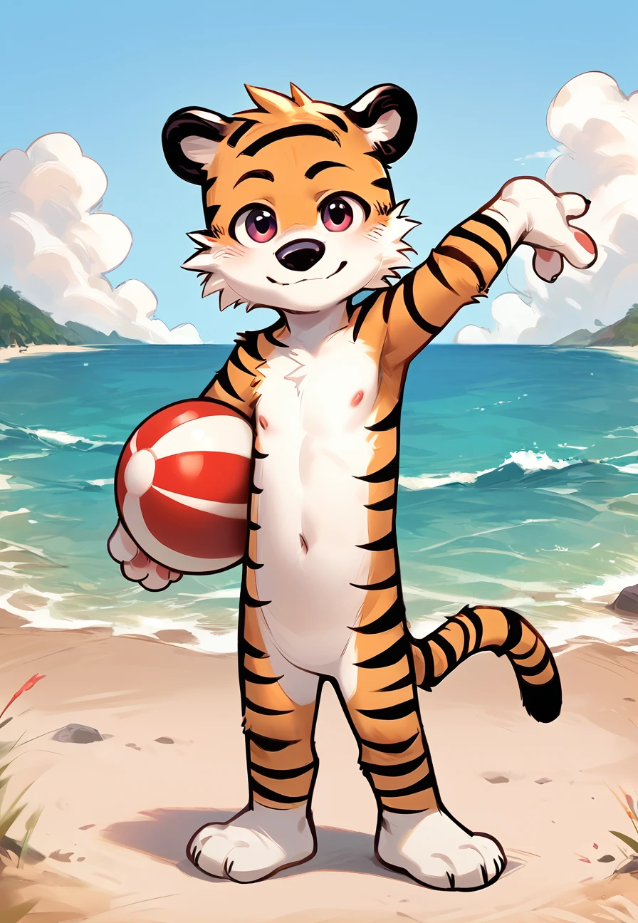 <lora:Hobbs V1:1> hobbesca, tiger, furry,  full body, score_9, score_8_up, score_7_up, score_6_up, score_5_up, score_4_up, looking at viewer,beach, source_furry, <lora:NAI3 Smooth Boys Style LoRA_Pony XL v6:0.8>, cub,young,