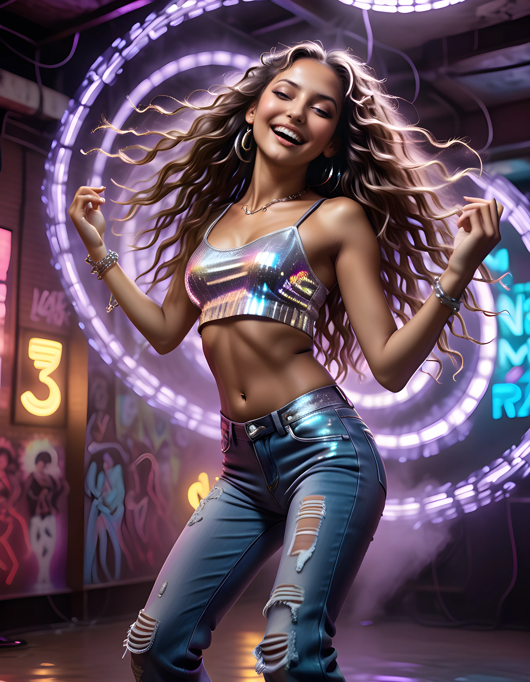 In a grungy, neon-lit underground dance club, the captivating N4DJ4L1Z4 is posed in an electric, high-energy dance move, her teeth gleaming with a radiant smile amidst a smattering of freckles. Her long, wavy hair cascades down her back, catching the pulsating light in a shimmering halo. Adorned in a unique outfit consisting of a glittering crop top and low-rise jeans, she accessorizes with an array of chunky silver jewelry that clinks rhythmically against the music. Her pose is defiant yet inviting, her eyes locked onto the audience as they are drawn into her mesmerizing performance, set against a blurry background of dancing bodies, flashing lights, and swirling smoke, creating a dynamic, vibrant, and electric atmosphere.