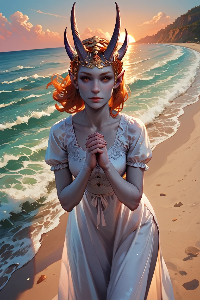 score_9, score_8_up, score_7_up, score_6_up
<lora:BGMizora:1.0>
BGMizora, 1girl, orange hair, horns, grey skin, hair ornament, pointy ears, looking at viewer, on a beach during a vibrant sunset, sundress, playing with the waves, Leaning forward with hands clasped