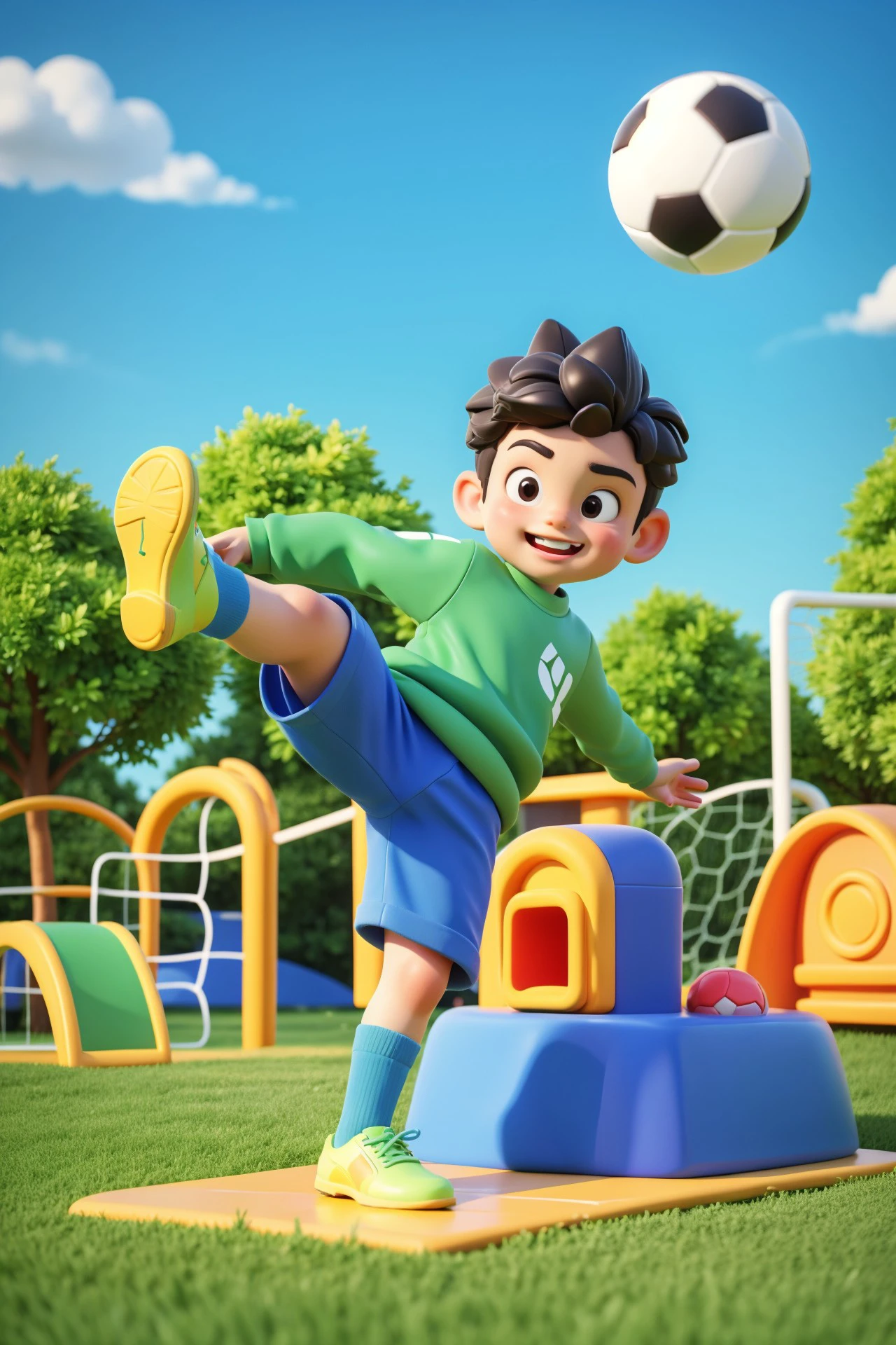 "3D style, Q version cute scene of a boy energetically playing soccer on a clean, green school playground. The boy is kicking a bright, colorful soccer ball, with a joyful and determined expression. The background features a simple soccer goal, a few trees, and a clear blue sky, highlighting the fun and active atmosphere of the playground."