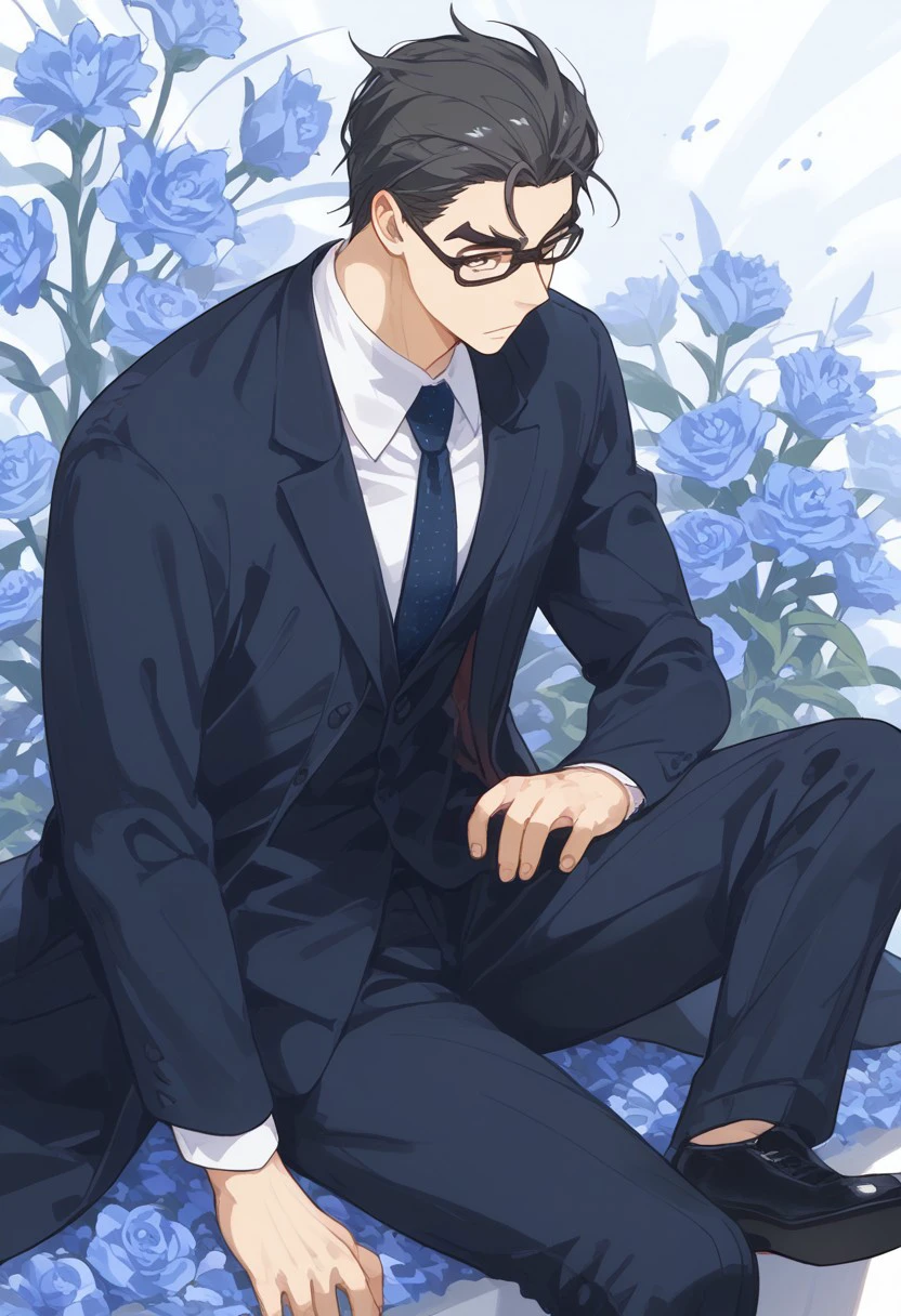 score_9, score_8_up, score_7_up, score_6_up, source_anime, rating_safe, SoeSNS, brown Soe eyes, black Soe suit, black Soe glasses, 1boy, male focus, dark blue Soe necktie, white Soe shirt, black Soe pants, black Soe hair, black footwear, sitting,