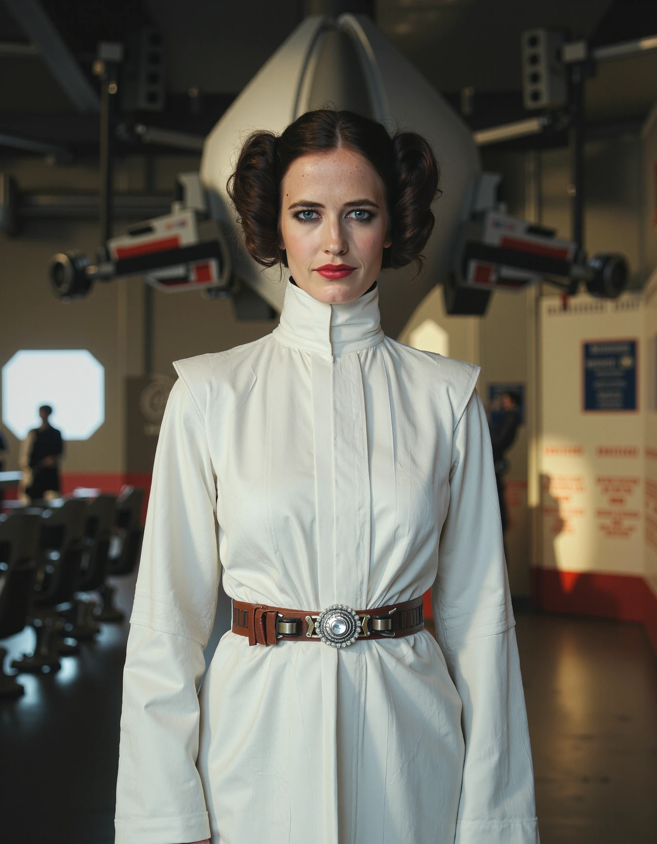 Motion Blur Photography, eva_gren ,As Princess Leia from the Star Wars saga, dressed in her iconic white robe and belt, her hair styled into two side buns. She stands in the command center of a Rebel base, her courage and leadership skills evident as she directs her forces against the evil Empire., , <lora:eva_green_flux_lora_v1:1>