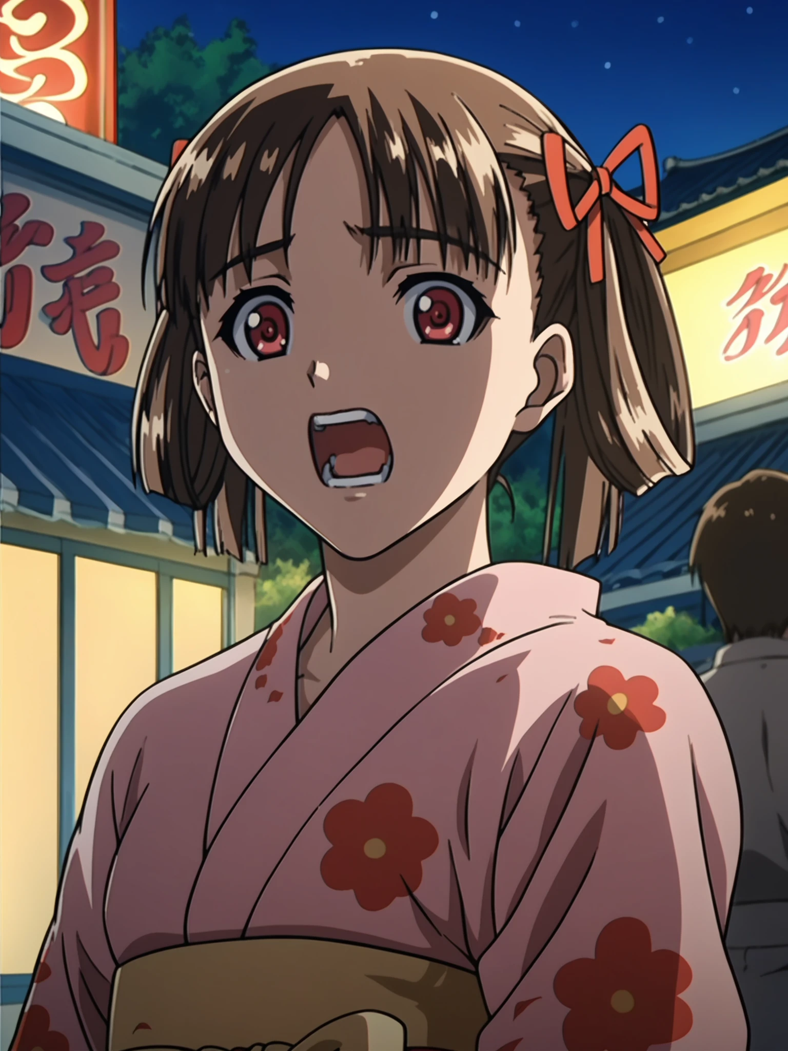 <lora:happy_tentacle-natsume-v0.2-000030:0.9>, ht_natsume, pink kimono, japanese clothes, yukata, floral print, summer festival, night, , 1girl, solo, upper body , , ( excited , screaming :1.1), looking at viewer , score_9, score_8_up, score_7_up, score_6_up, score_5_up, score_4_up