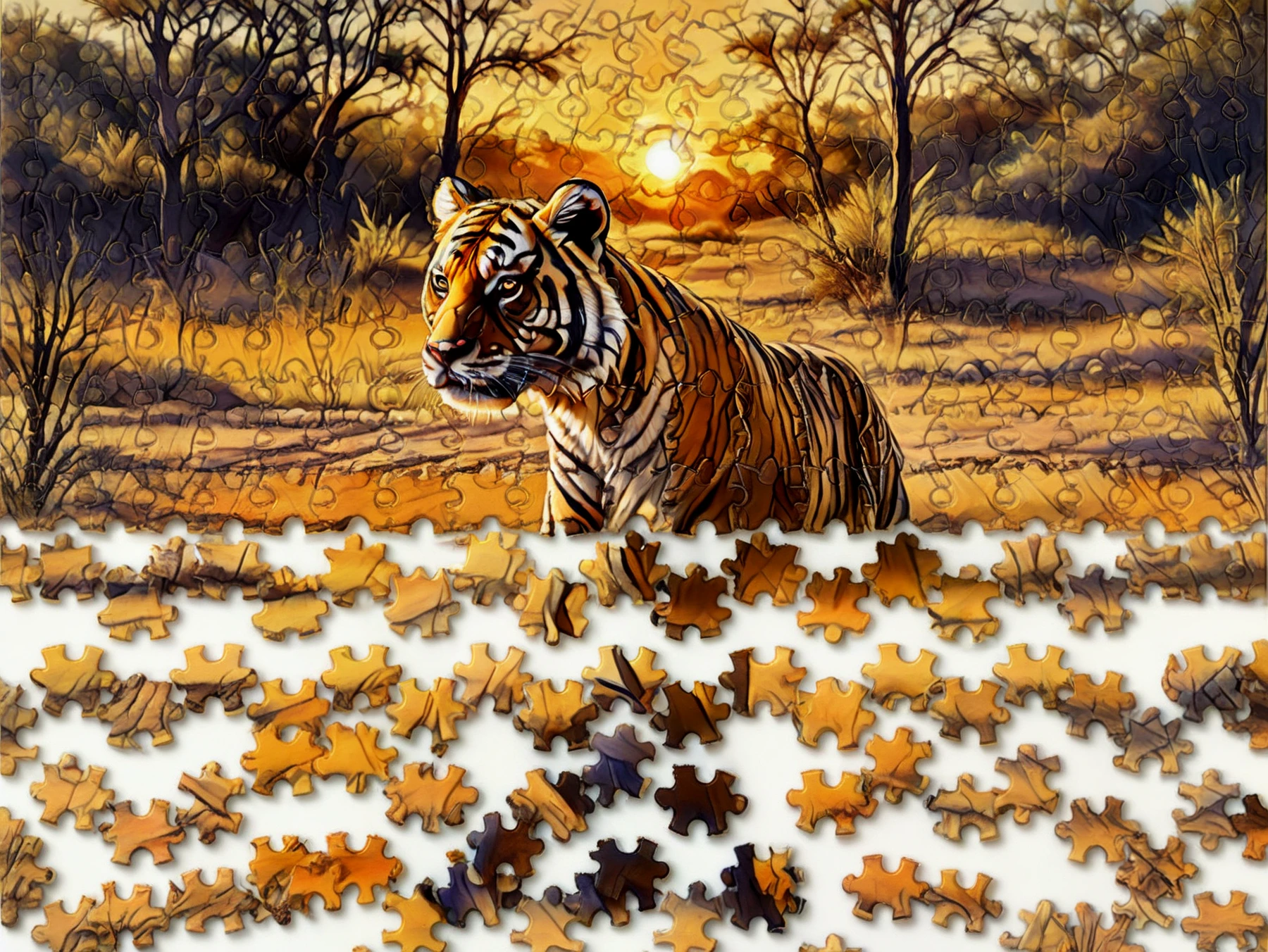 Highly detailed. 
(Serene sunset palette)
Two tiger cubs on a dirt trail.

Jigsaw fragments.

<lora:JSFragments01-00_CE_SDXL_128OT:0.8>