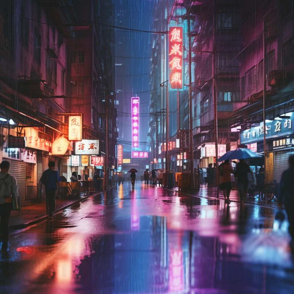 film photography, film grain, detailed, perspective, 3d, realistic, concept art, 4k, 8k
night, neon, city, tall building, street, shanghai, (motion blur:1.1), violet and blue background, human silhouette, sepia tone, utility pole, industrial pipe, rain, reflection, 
<lora:Neon_City:0.8>,<lora:Light_leak:0.5>