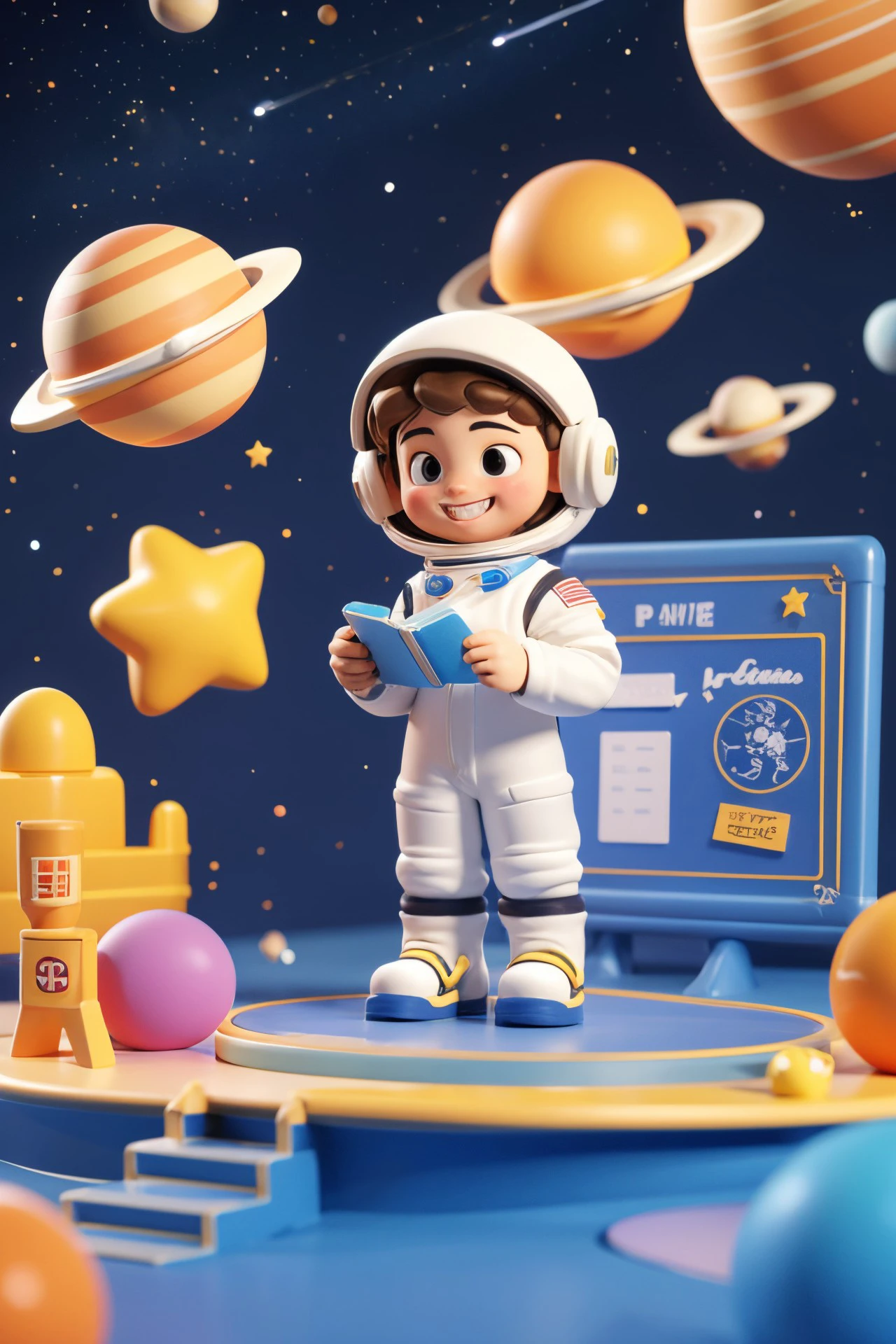 "3D style, Q version cute scene of a boy dressed as an astronaut standing at the front of a classroom. The classroom has been transformed into a mini space station with floating planets, stars, and spacecraft models hanging from the ceiling. The background includes a chalkboard with drawings of the solar system and a few enthusiastic students watching the boy, creating a fun and educational atmosphere."