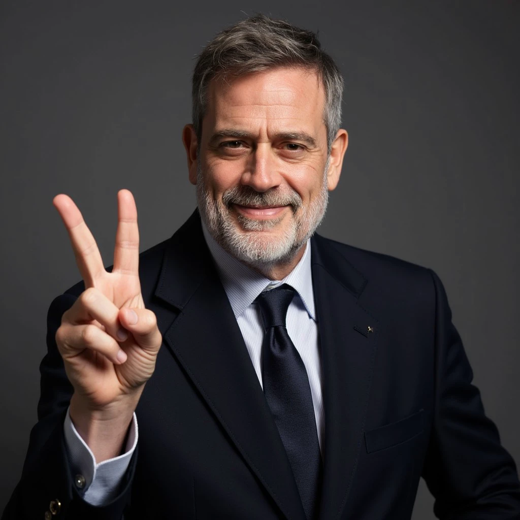 joe kessler, facial hair, grey hair, suit, tie, peace sign, smirk, grin