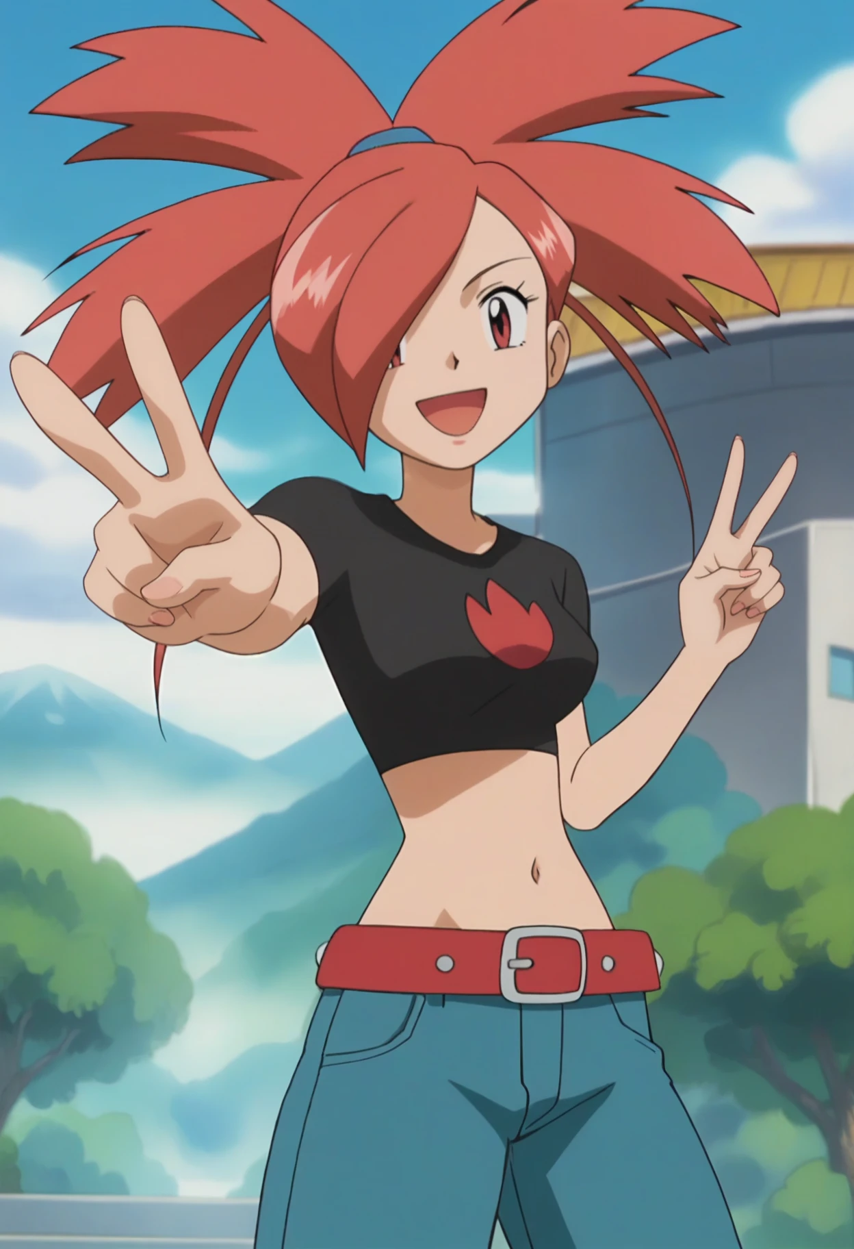 score_9, score_8_up, score_7_up, score_6_up, anime screencap, anime coloring, <lora:PMFlannery_epoch_7:0.7>, PMFlannery, red eyes, red hair, bangs, hair over one eye, ponytail, hair tie, ,
crop top, black shirt, short sleeves, belt, navel, midriff, jeans,
standing, looking at viewer, smile, open mouth, v sign, outstretched arm,
BREAK day, sunlight, blue sky, cityscape,