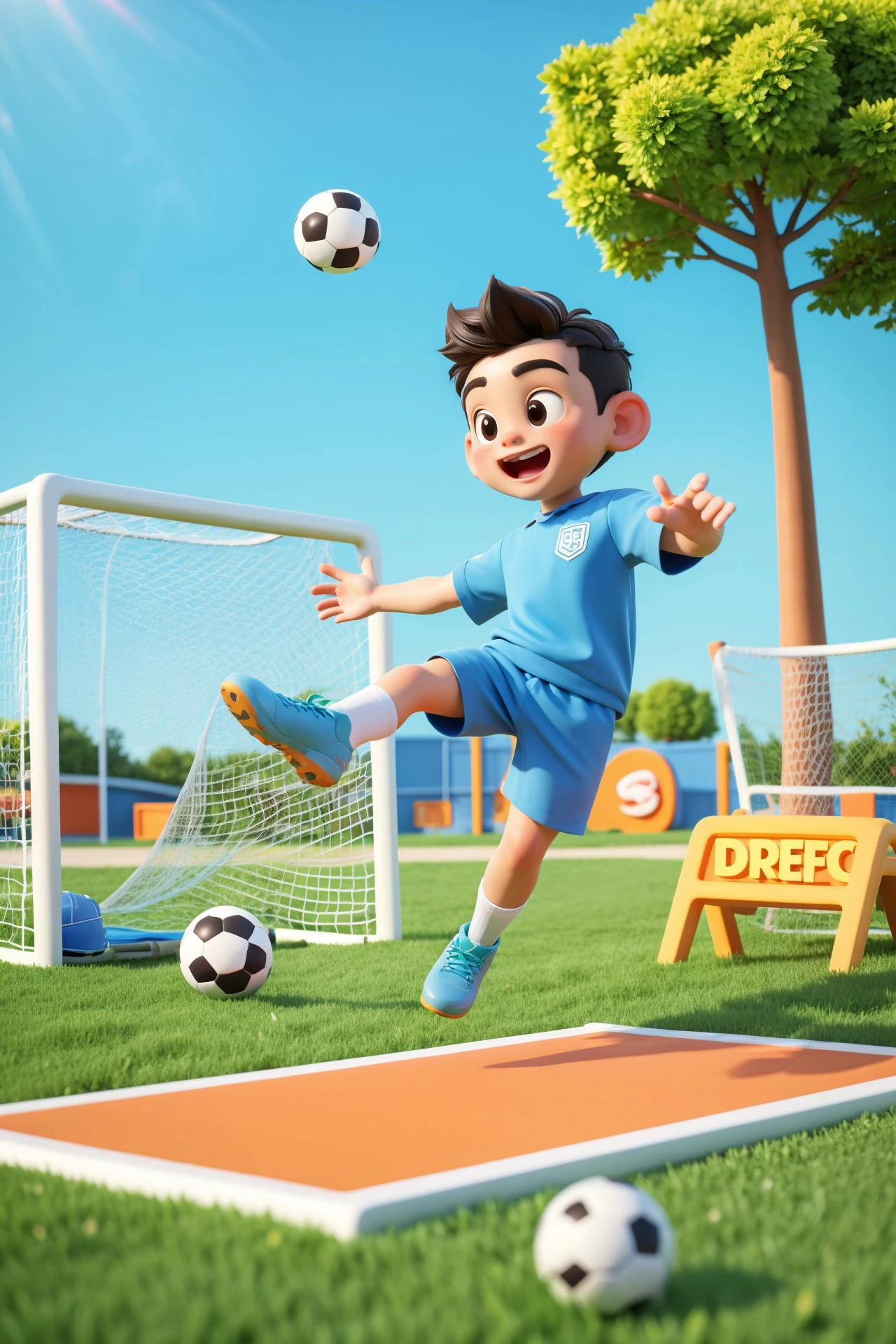 "3D style, Q version cute scene of a boy energetically playing soccer on a clean, green school playground. The boy is kicking a bright, colorful soccer ball, with a joyful and determined expression. The background features a simple soccer goal, a few trees, and a clear blue sky, highlighting the fun and active atmosphere of the playground."