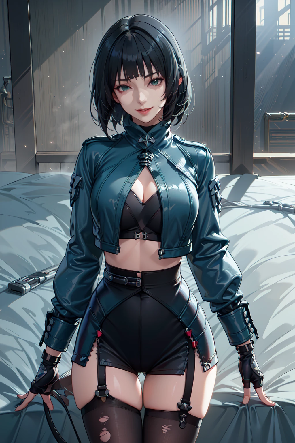 (1girl:1.3),(solo:1.3),breasts,looking at viewer,smile,Jane Doe,(short hair:1.2),(bangs:1.3),(shirt:1.2),(black hair:1.3),(gloves:1.2),(Black top:1.3),(long sleeves:1.15),(animal ears:1.25),(green eyes:1.3),(jacket:1.3),(tail:1.2),(Ripped stockings:1.35),(cowboy_shot:1.5),(Sexy smile:1.35),
masterpiece,(best quality:1.1),high detail,(extremely detailed eyes and face),extremely detailed CG unity 8k wallpaper,best quality,8K,HDR,(official art:1.5),(Forest background:1.4),
<lora:ç®Â·æ (3):0.8>,<lora:GoodHands-vanilla:1>,<lora:head_slider_v2:2>,<lora:ClothingAdjuster3:-0.0>,<lora:ç»ªå¿-çº¢è¡£å¥³é¬¼:0.45>,<lora:add_detail:0.2>,