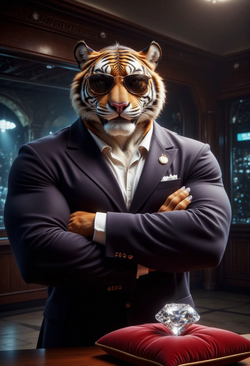 A huge muscular tiger boy is dressed as a guard wearing a suit, sunglasses and an earpiece with his arms crossed. He is standing in front of an exhibit with a  diamond on a red pillow.
The image is photorealistic with high attention to detail and highly detailed fur.