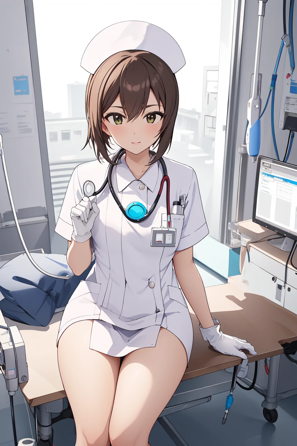 (RAW photo, best quality), wide angle photo, masterpiece, 1girl,  natural lighting
hospital, operating room, surgical gloves, 
(((White))) nurse uniform smooth, nurse, nurse hat, stethoscope  <lora:NurseUniform0_1:0.8>,
 <lora:girls_und_panzer_maho_1_2:1> panzer_maho