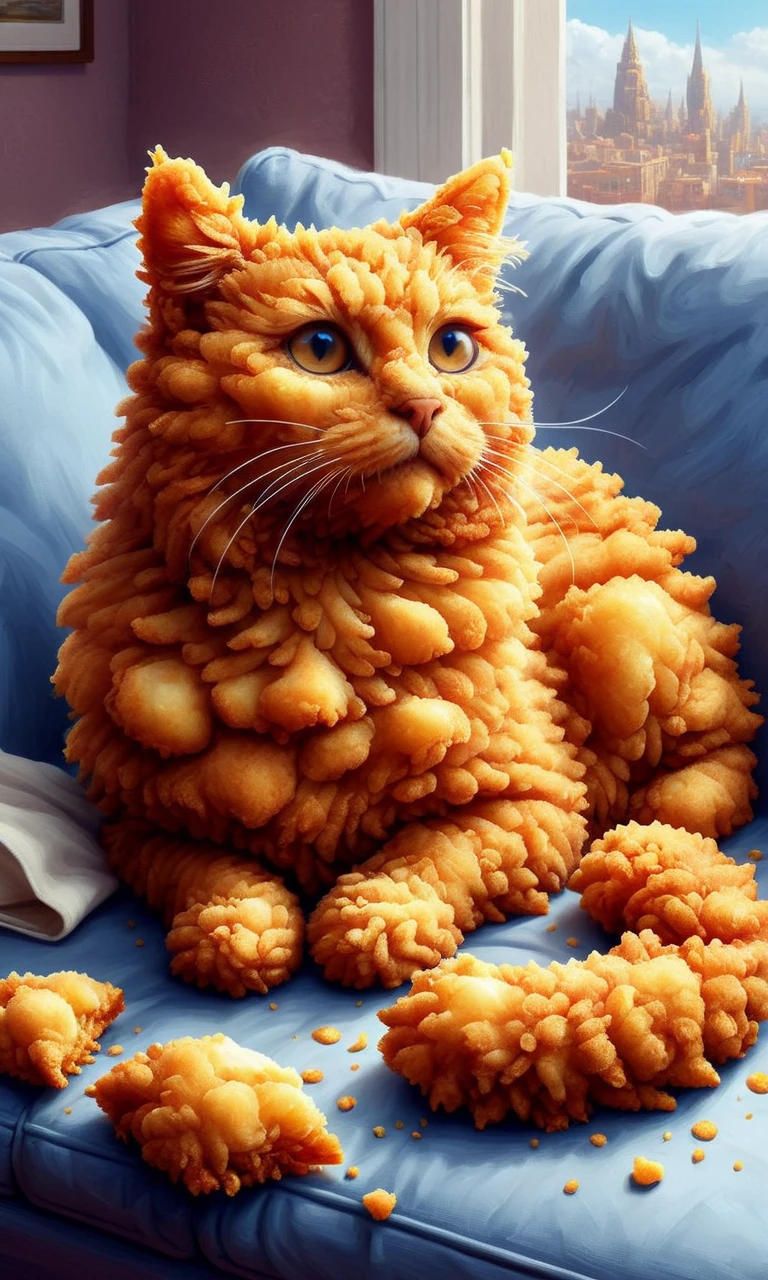 ((masterpiece, best quality)), illustration, digital painting,
<lora:Deep-Fried__Crispy_Style_World_Morph_V2:1> dfc, a cat made of deep fried & crispy breading, sleepy, indoors, in a living room, on a couch, lying down,