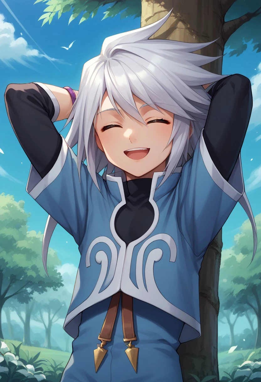 score_9, score_8_up, score_7_up, source_anime, highly detailed, 
genis, solo, male focus, 1boy, long hair, smile, shirt, shorts, jacket, black shirt, blue jacket, standing, looking at viewer, bracelet, jewelry, silver hair, upper body, closed eyes, slender, skinny, hands behind head, open mouth
outdoor, sky, tree,