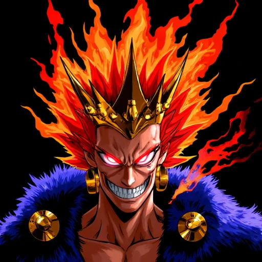 The image features a menacing, anime-style character with fiery red hair and glowing red eyes, dressed in royal attire. The character wears a golden crown with sharp points, which appears to be on fire, adding to the intense and powerful aura. The character's clothing includes a royal blue cape with fur trimming, giving them an authoritative and kingly appearance. The facial expression is one of sinister delight, with a wide, almost unsettling smile. The character exudes a powerful and slightly chaotic energy, suggesting a ruler with a dark or dangerous side. The black background and fiery elements add to the dramatic and ominous feel of the image, making the character stand out as someone to be both feared and respected.